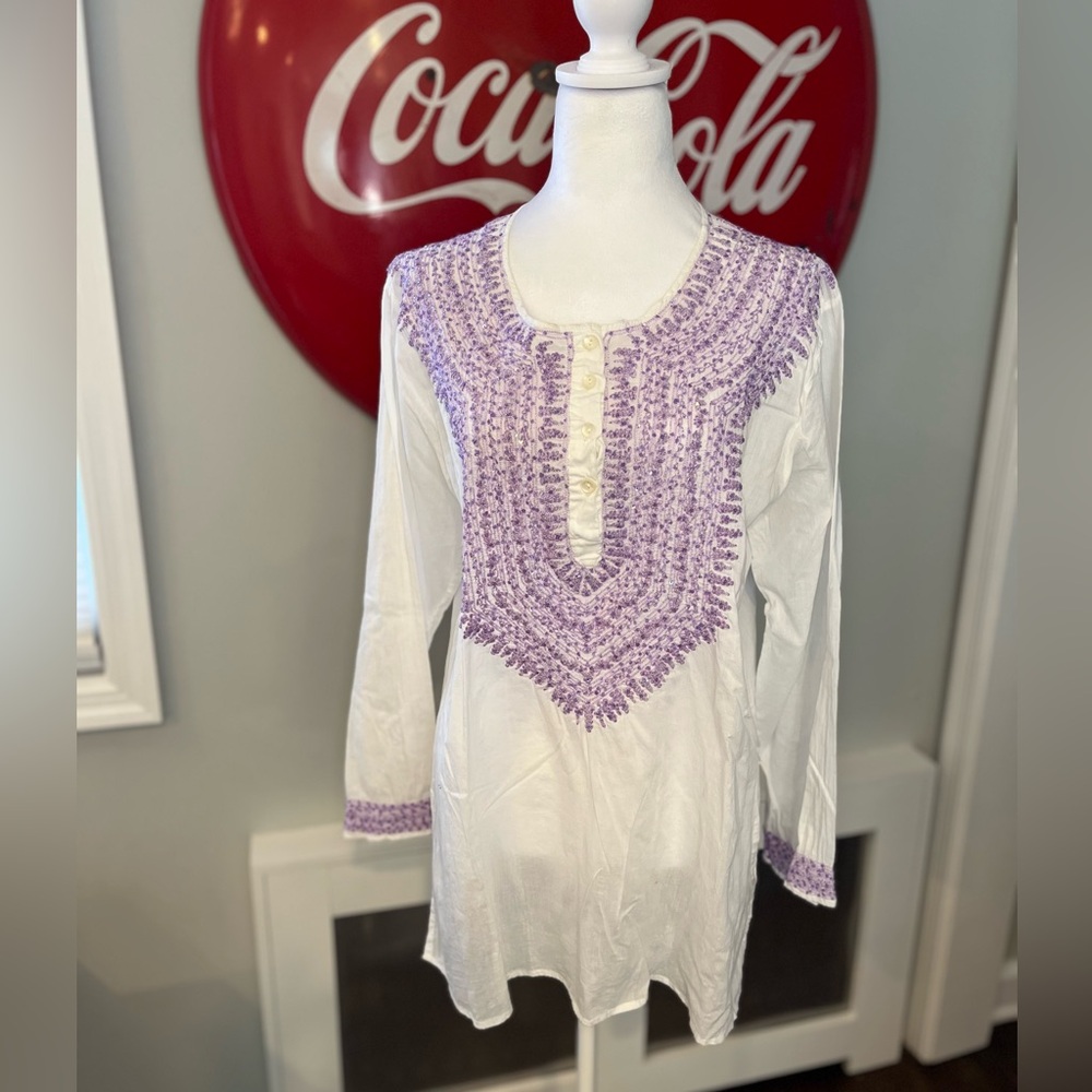 Boho tunic cotton and purple sequin, vintage Y2K Graham Kandiah, size L